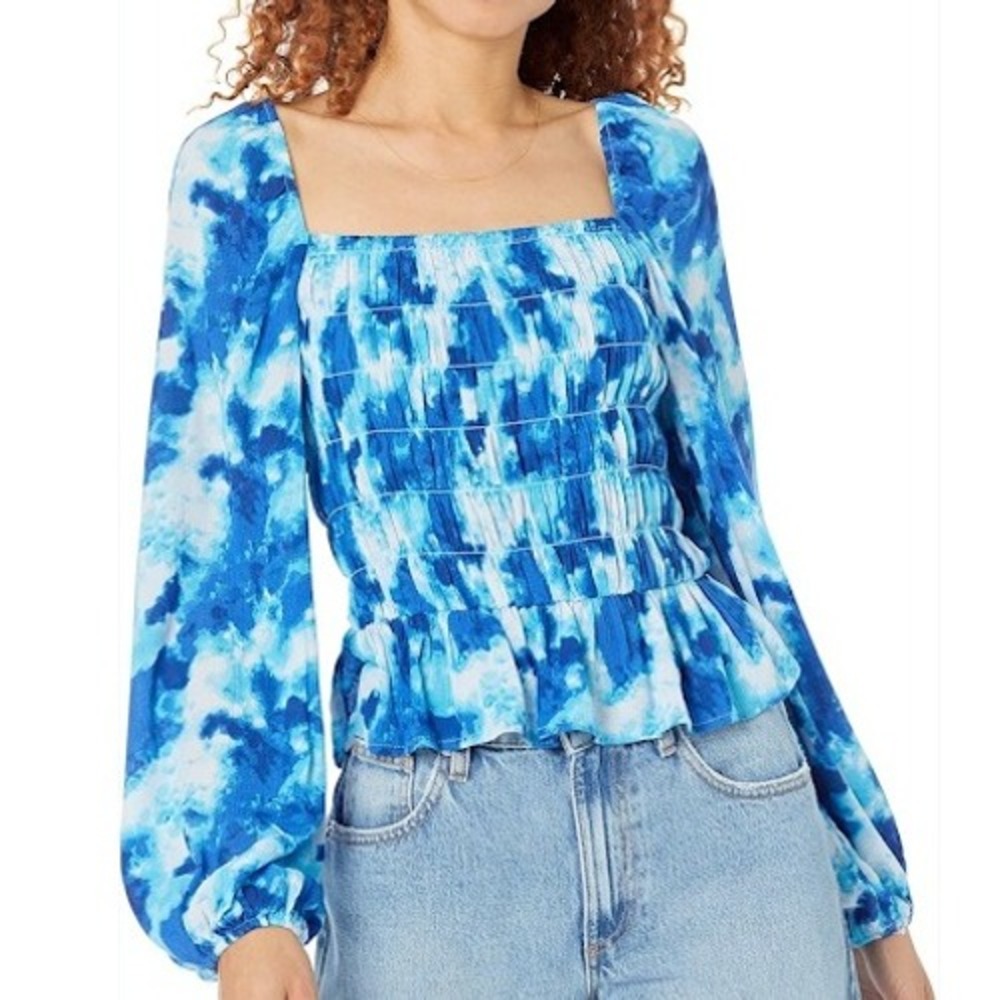 The Drop Women's Smocked Bodice Long Sleeve Gauze Top Blue White Tie Dye Large